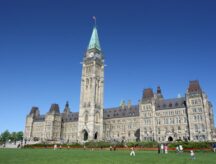 The Parliament of Canada building in Ottawa, Ontario during the tulips festival